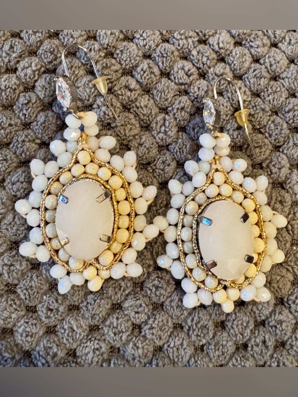 Anthropologie Cream and Gold Beaded Drop Earrings